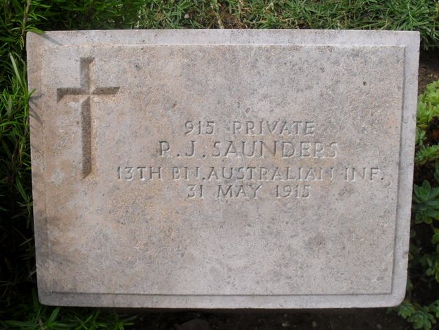 R J Saunders grave marker, Shrapnel Valley Cemetery